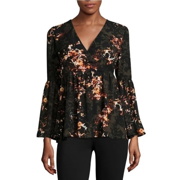 A.N.A Floral Bell Sleeve Wrap Blouse Size Medium - Picture 1 of 12